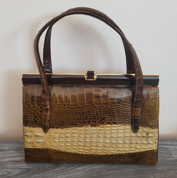 Vintage Two Tone Crocodile Leather Handbag Brown Cream Matching Wallet MCM - Picture 2 of 15